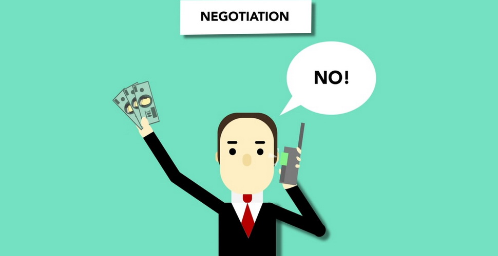 cartoon artwork of a businessman negotiating with someone over the phone while waving money around in his other hand