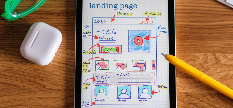 coloured landing page wireframe on a tablet screen